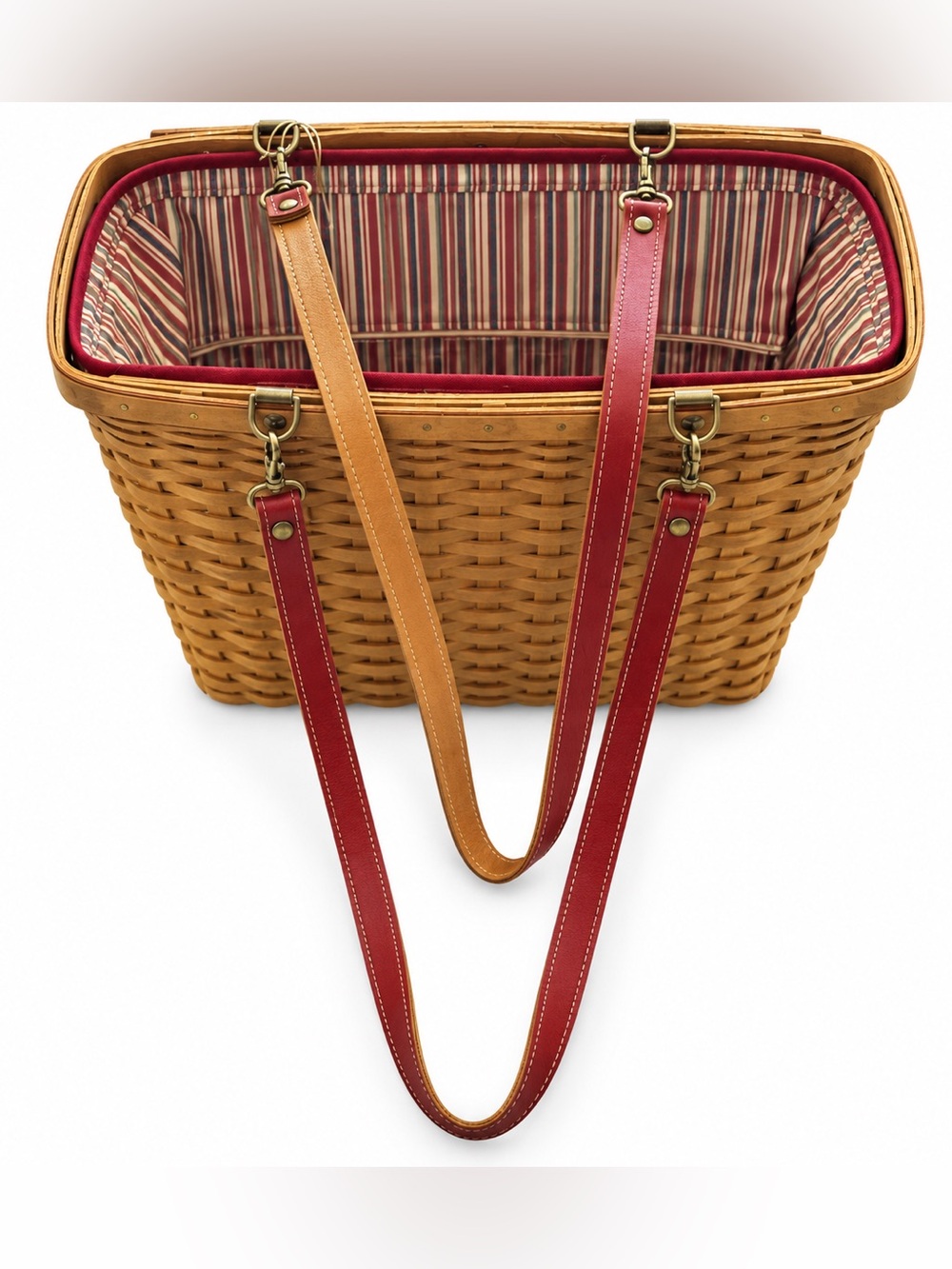 2004 Longaberger Woven Basket Tote with Red and Tan Leather Straps